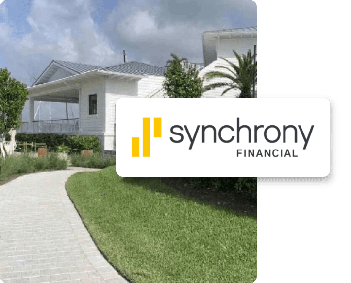 Modern home with lush garden. with Synchrony logo