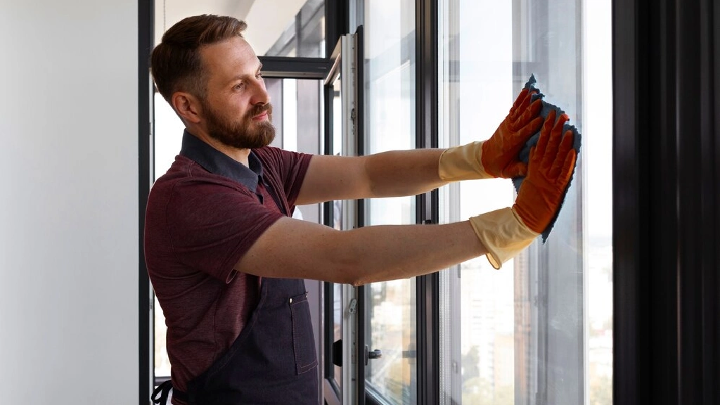 Man cleaning glass with gloves