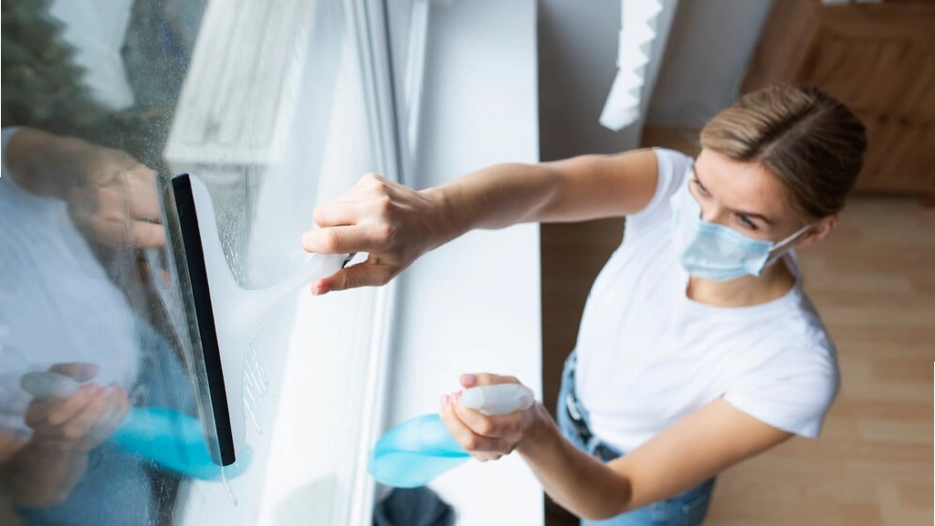 Woman spraying window wearing mask